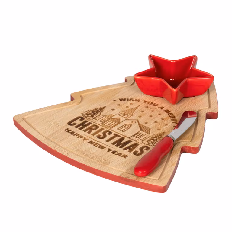 Vassoio Degustazioni Natalizio Gusto Casa a Forma di Albero in Bamboo con Coppetta in Ceramica Rossa e Spatola in Acciaio Inox L/P: 26 x 22 cm