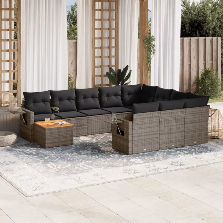 Set di Divani da Giardino vidaXL 11 pz in Polyrattan Grigio con Cuscini e Tavolino da Esterno a Forma di L