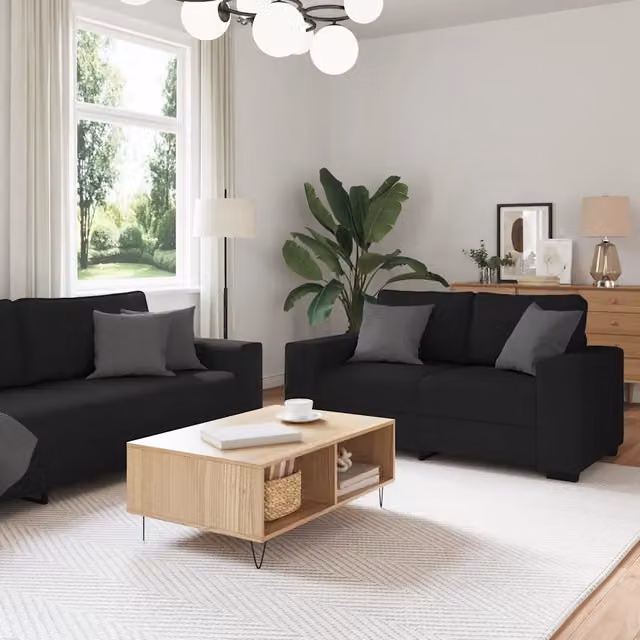 Set di 2 Divani Moderni vidaXL in Tessuto Nero con Cuscini – 1