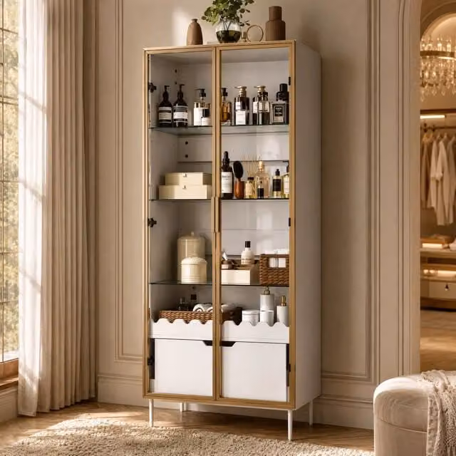 Mobile contenitore alto in MDF con ripiani in vetro regolabili; cassetto e dettaglio ondulato; bianco e oro