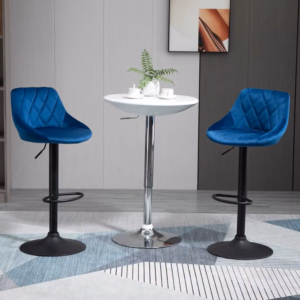 Set di 2 sgabelli da bar GIORDANOSHOP in tessuto effetto velluto blu, girevoli e moderni, L: 51,5 cm, P: 48 cm, H: 83-104 cm – 2