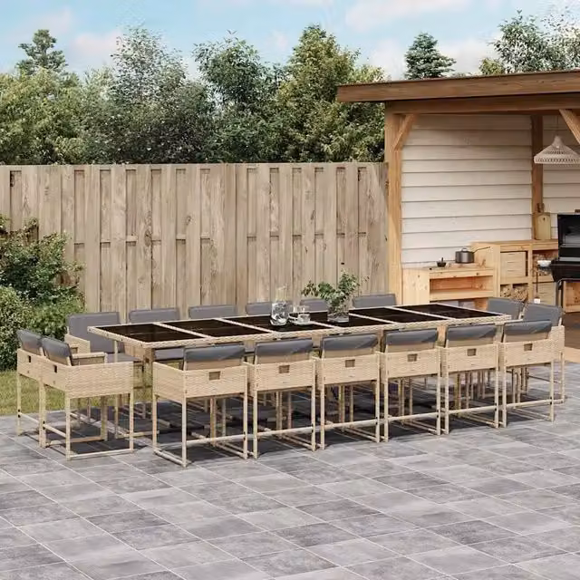 Set da pranzo da giardino vidaXL in polyrattan con cuscini beige e grigio e tavolo in vetro – 1