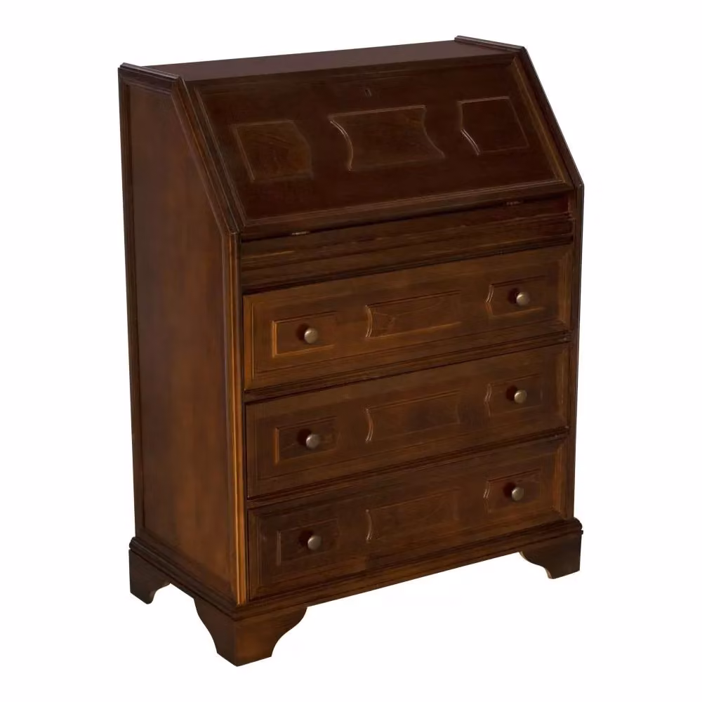 Cassettiera classica con 5 cassetti e ribalta in legno di pino color noce scuro Mobili 2G L: 66 cm, P: 34 cm, H: 88 cm – 2