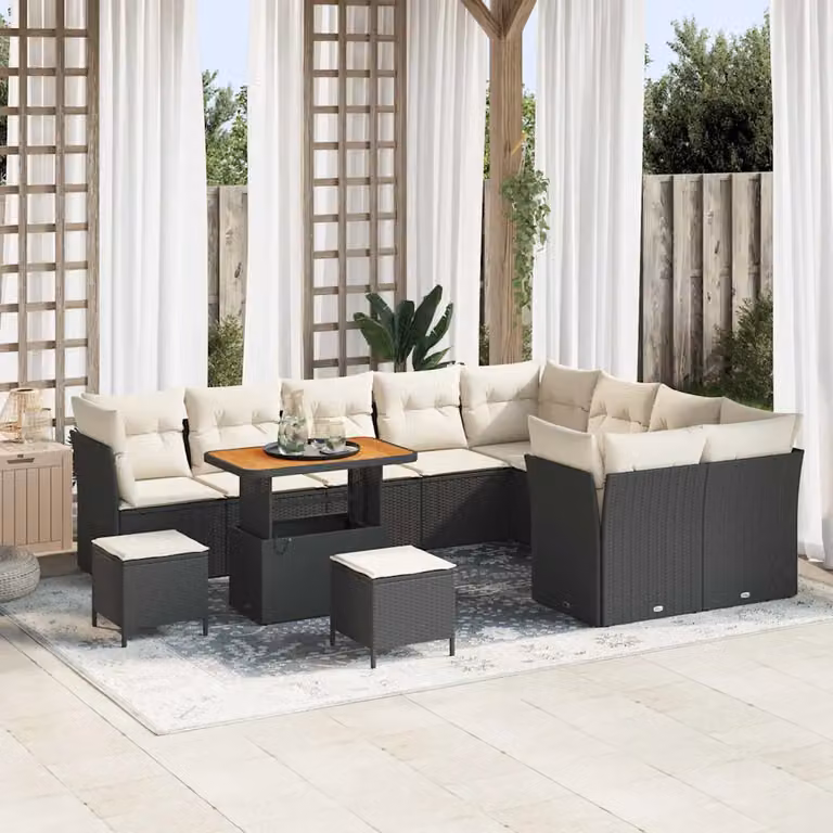 Set Divano da Giardino vidaXL 12 Pezzi a Forma di L in Polyrattan Nero con Cuscini e Tavolino da Esterno