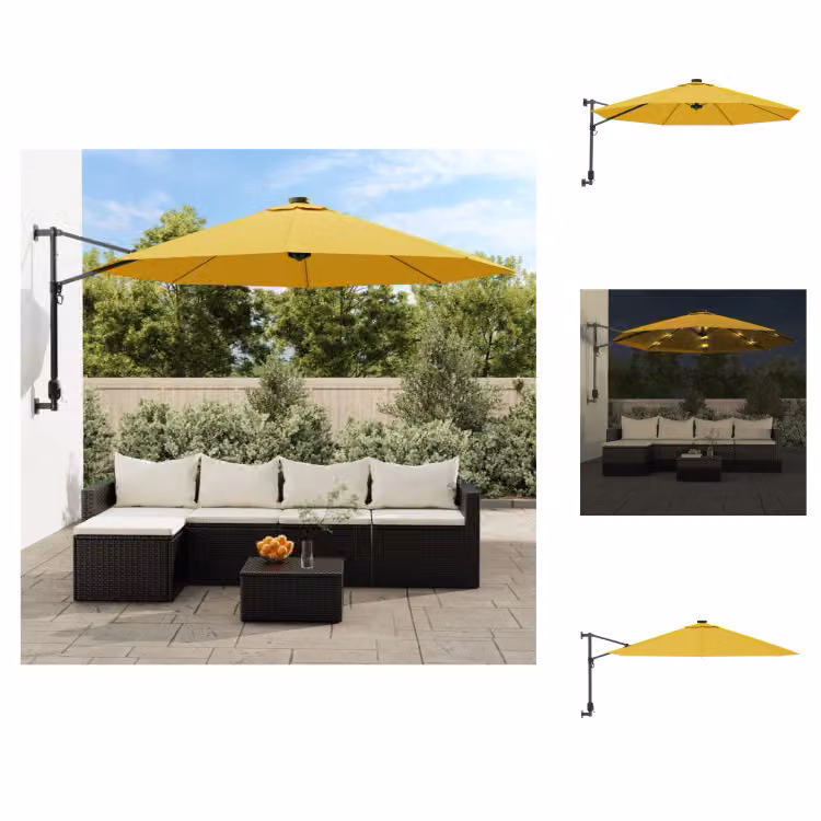 vidaXL Ombrellone a parete con LED giallo 290 cm - Ombrelloni e tende da sole