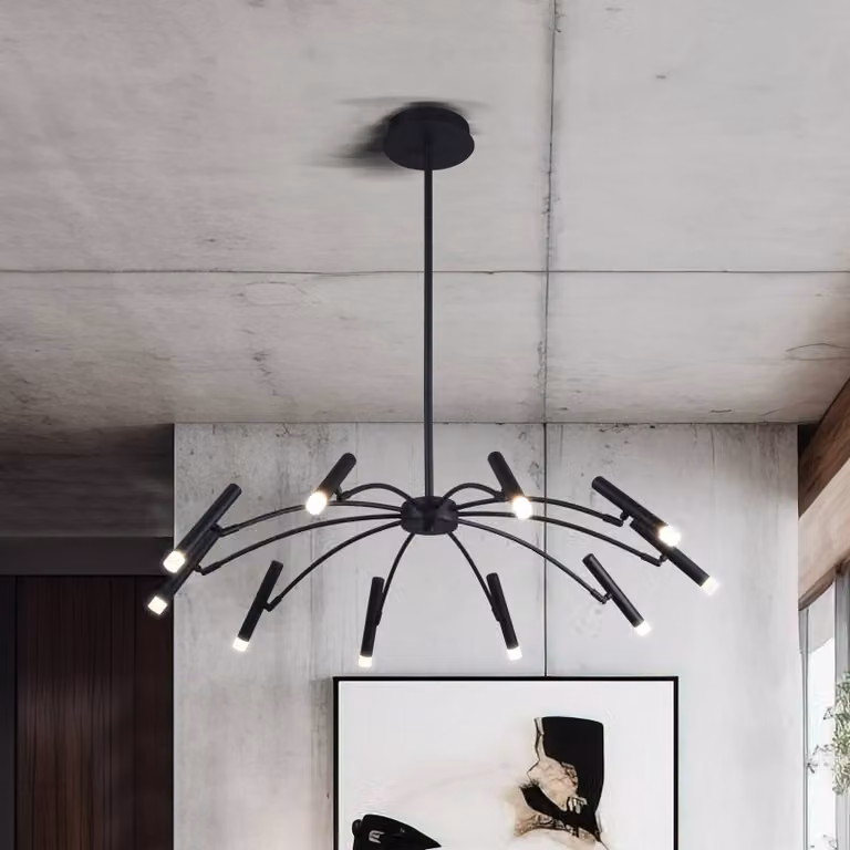 Viokef Lampada LED a sospensione Secret, nera, Ø 80 cm, metallo, 10 luci. dimmerabile, Nero, Soggiorno / Sala da pranzo, Metallo, Moderno