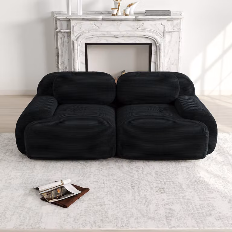 Divano Sweiko 82'' in tessuto a coste, componibile con braccioli curvi e fondo antiscivolo, rivestimento altamente elastico per soggiorno, camera da letto e home cinema, Nero