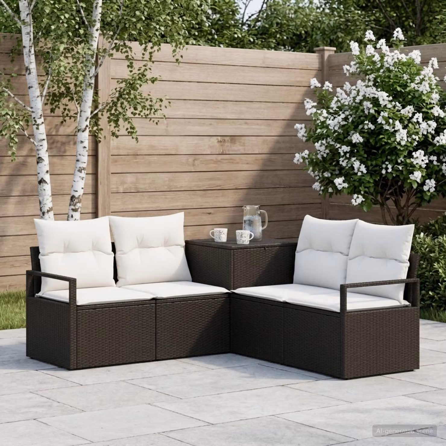 Set di divani da giardino a forma di L vidaXL in polyrattan nero e bianco con cuscini inclusi