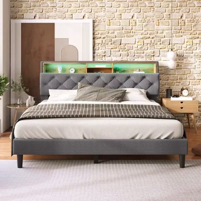 Letto imbottito REDOM Grigio con testiera contenitore, vani laterali e illuminazione LED L/P/H: 214 x 140 x 107 cm