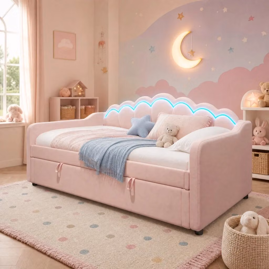 Divano letto singolo MODFU in velluto rosa con contenitore, illuminazione LED e testiera ondulata, L/P/H: 90 x 200 cm – 2