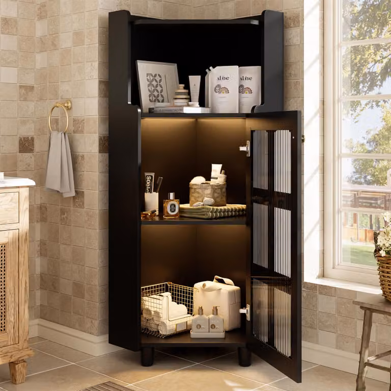 Fortuna Lai Armadio angolare nero con superficie laccata e illuminazione a LED – Moderno comò angolare con controllo tramite app, per soggiorno, libreria, bagno (63,5*124 cm, nero)