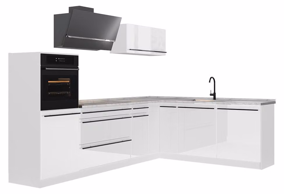 Cucina angolare completa Vicco R-Line Bianco lucido/Bianco 287 x cm piano di lavoro Marmo, Model 66775