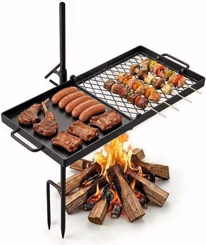 Griglia Barbecue Girevole VEVOR per Campeggio, Modello Rettangolare Nero con Altezza Regolabile per Cottura all'Aperto