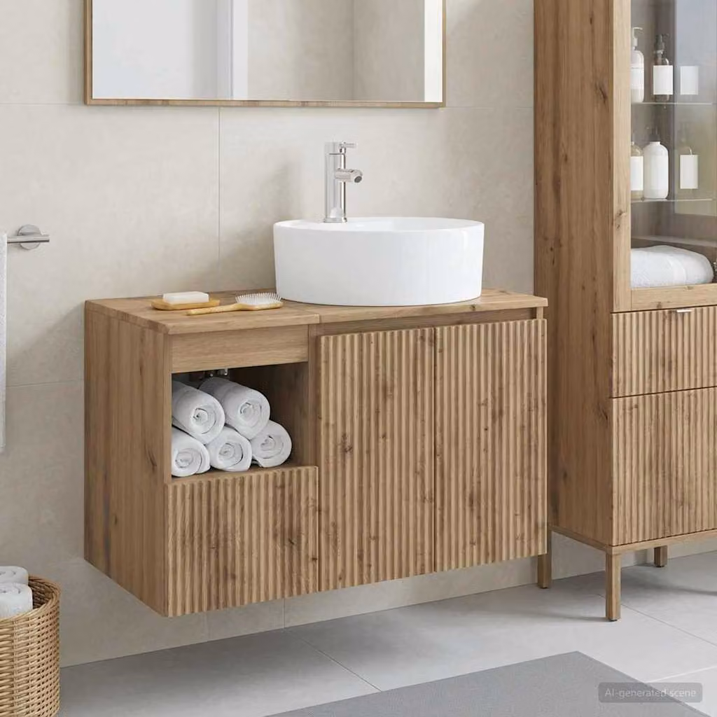 Set di mobili da bagno moderni vidaXL composto da mobile lavabo e pensile a parete in legno marrone con ante a cerniera e ripiani interni