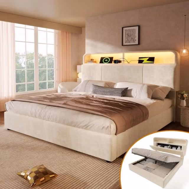 Letto matrimoniale – 140x200 cm – testiera regolabile LED USBC – velluto beige