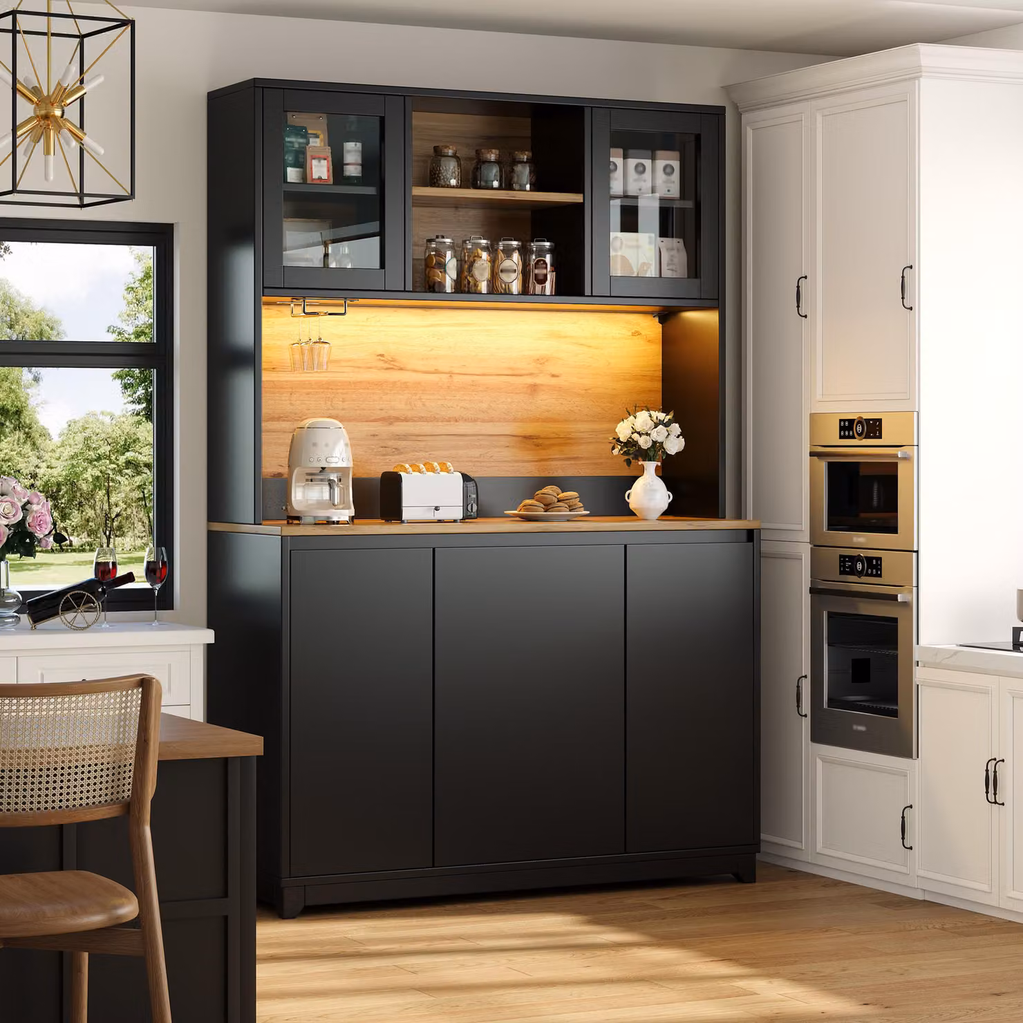 Mobili da cucina Flieks con ante in acrilico e illuminazione a LED, mobili da cucina, credenze 120x40x180 cm, nero