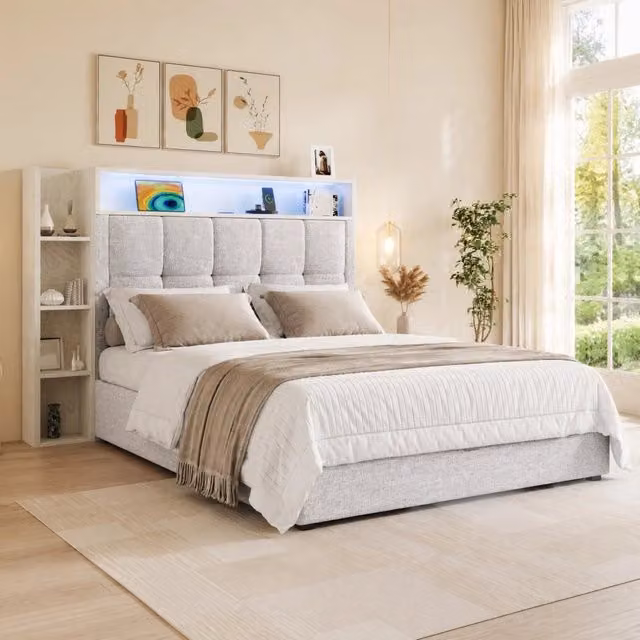 Letto imbottito 90x200 cm con USB e Type-C; contenitore idraulico; LED; beige