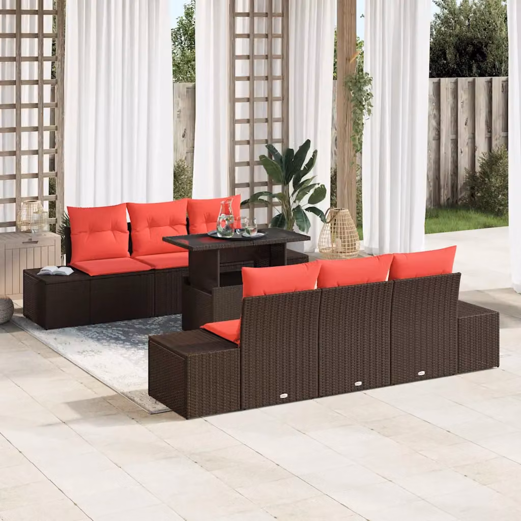 Set Divano da Giardino vidaXL 7 Pezzi in Rattan Marrone e Rosso per 6 Persone