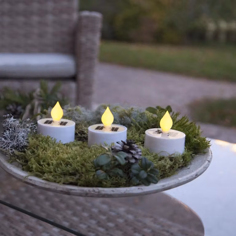 Star Trading Candeline LED solari, 3 pezzi, plastica bianca, 5,5x5,5 cm, sensore di luce