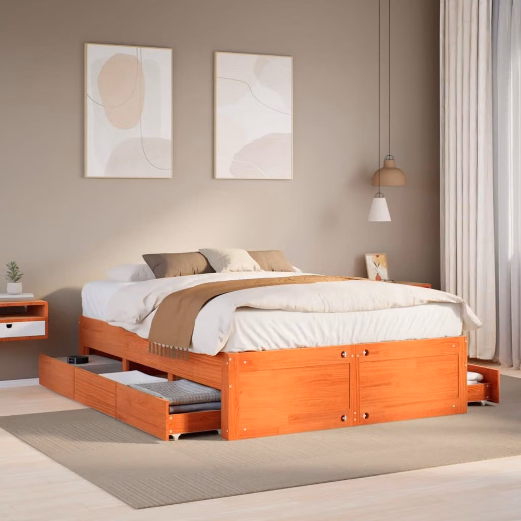 Giroletto vidaXL in legno di pino con cassetti, colore marrone cera, L/P/H: 200 x 140 x 41 cm