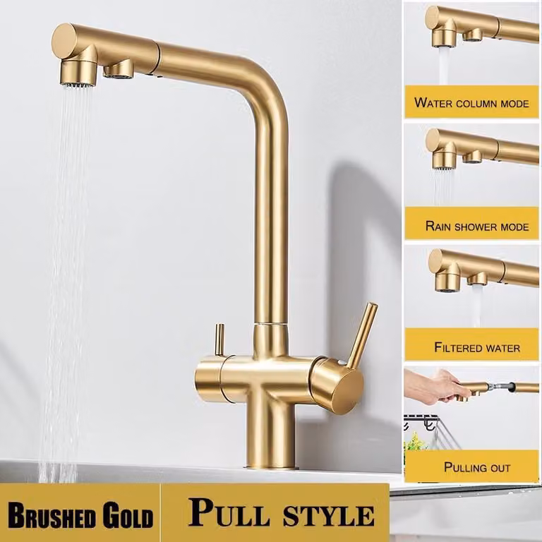 Miscelatore da cucina – Miscelatore estraibile per lavello con filtro per acqua potabile – Doppio beccuccio – Acqua calda e fredda – Rotazione a 360° – Installazione monoblocco – Finitura oro spazzolato