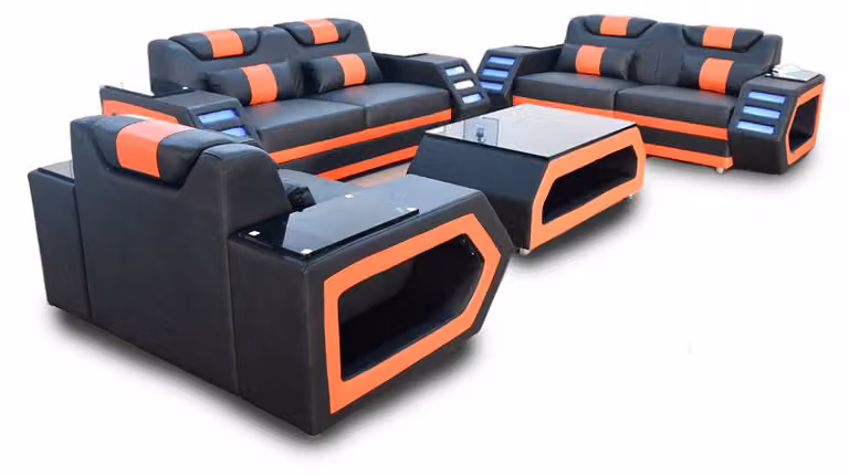 Designer Sofagarnitur Sofa Polster Set 3+2+1 Ledersofa Beleuchtet Leder