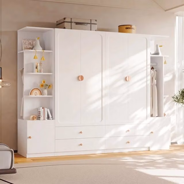 Armadio 6 ante con 4 cassetti e 4 appendiabiti componibile in MDF legno massello e acciaio bianco 270 × 45 × 200 cm