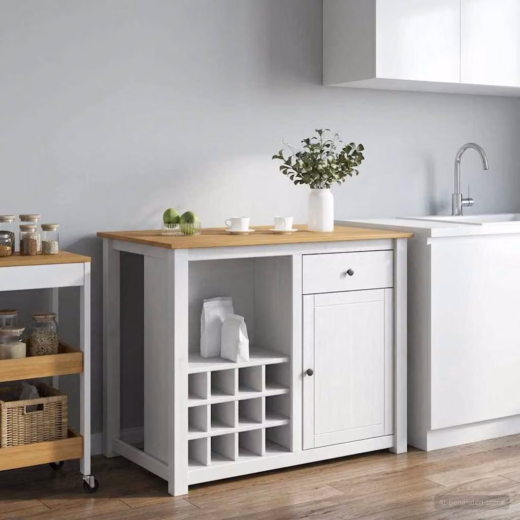 Set isola da cucina moderna vidaXL PANAMA in legno di pino, Bianco e Cera di Miele, L: 112,0 cm, P: 77,0 cm, H: 90,0 cm