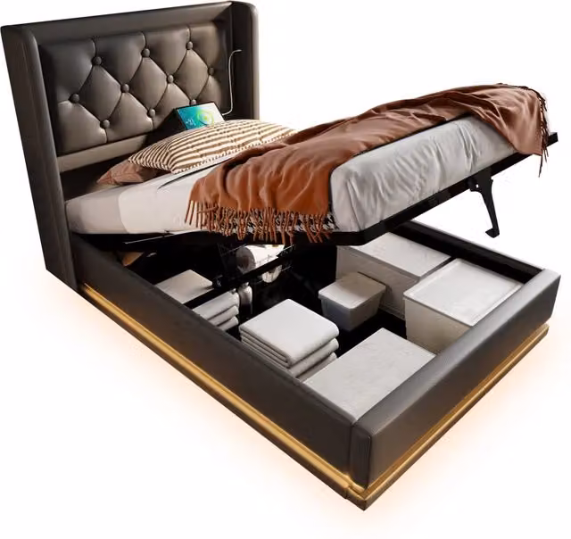 Letto singolo con contenitore e materasso ibrido nero con porta USB, luce LED integrata e testiera imbottita L/P/H: 90 x 200 x 101 cm