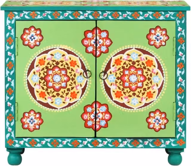 Credenza in legno di mango multicolore con decorazione floreale etnica vidaXL L: 70 cm, P: 35 cm, H: 60 cm