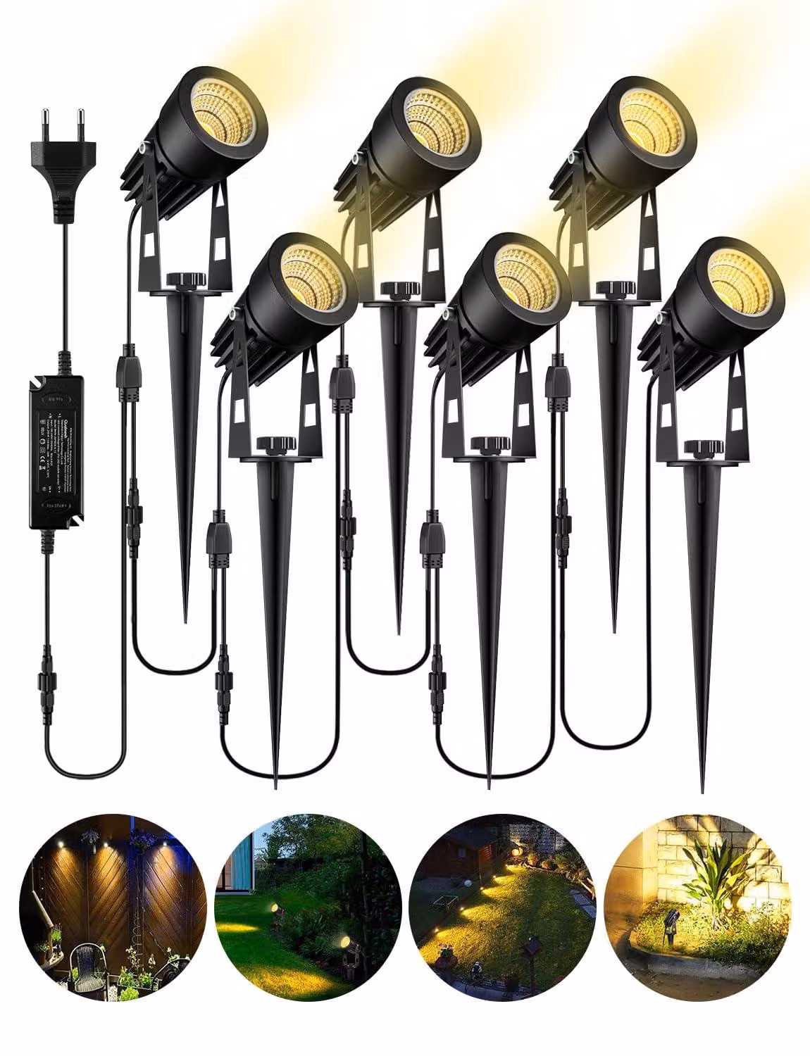 Set di 6 faretti LED per esterni, grado di protezione IP65, temperatura di colore 2700K, 1800 lumen, cavo da 21 metri