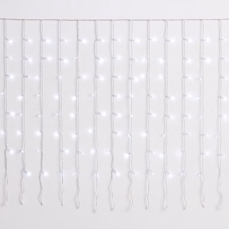 ETTROIT Tenda Luminosa 200 LED, 2Mt, Luce Bianca, Cavo Bianco, IP65, Prolungabile, Effetto Flash , Con fili uniformi da 2 metri , ghirlanda nataliza, negozi, balcone natale