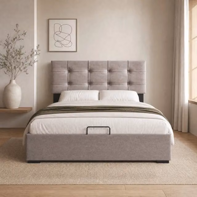 Letto imbottito idraulico 90x200 cm in velluto grigio chiaro con contenitore