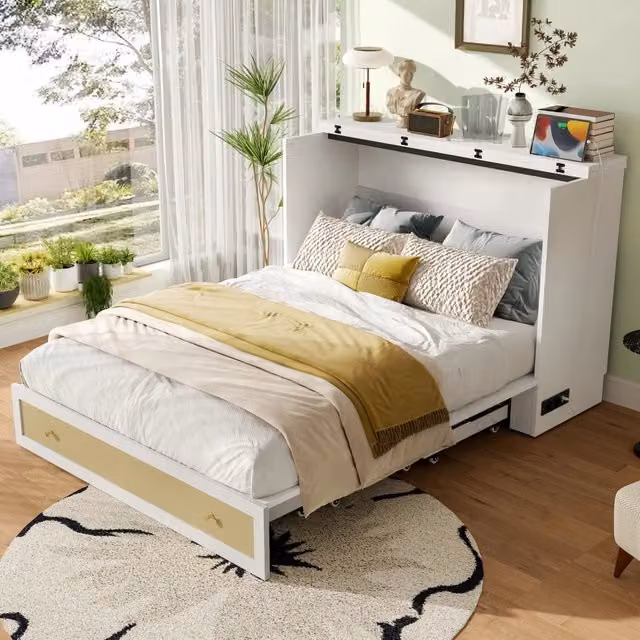 Letto combinato matrimoniale 140 × 200 cm, cassetto, presa e USB, ripiano, senza materasso, MDF bianco