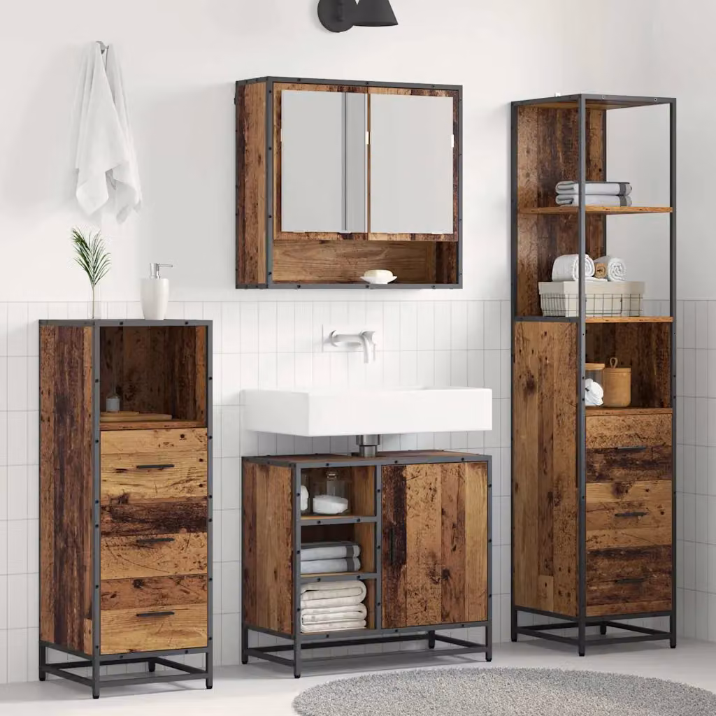 Set di mobili per il bagno vidaXL 3 pezzi in legno e metallo marrone stile minimalista con armadietto a specchio, mobile lavabo e colonna alta – 1