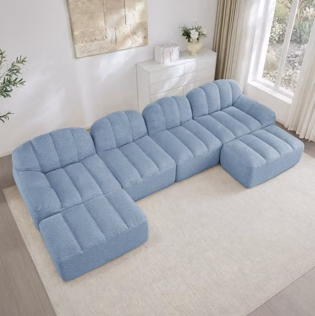 Divano modulare 4 posti a U con ottoman collegabile in pile granulato; blu