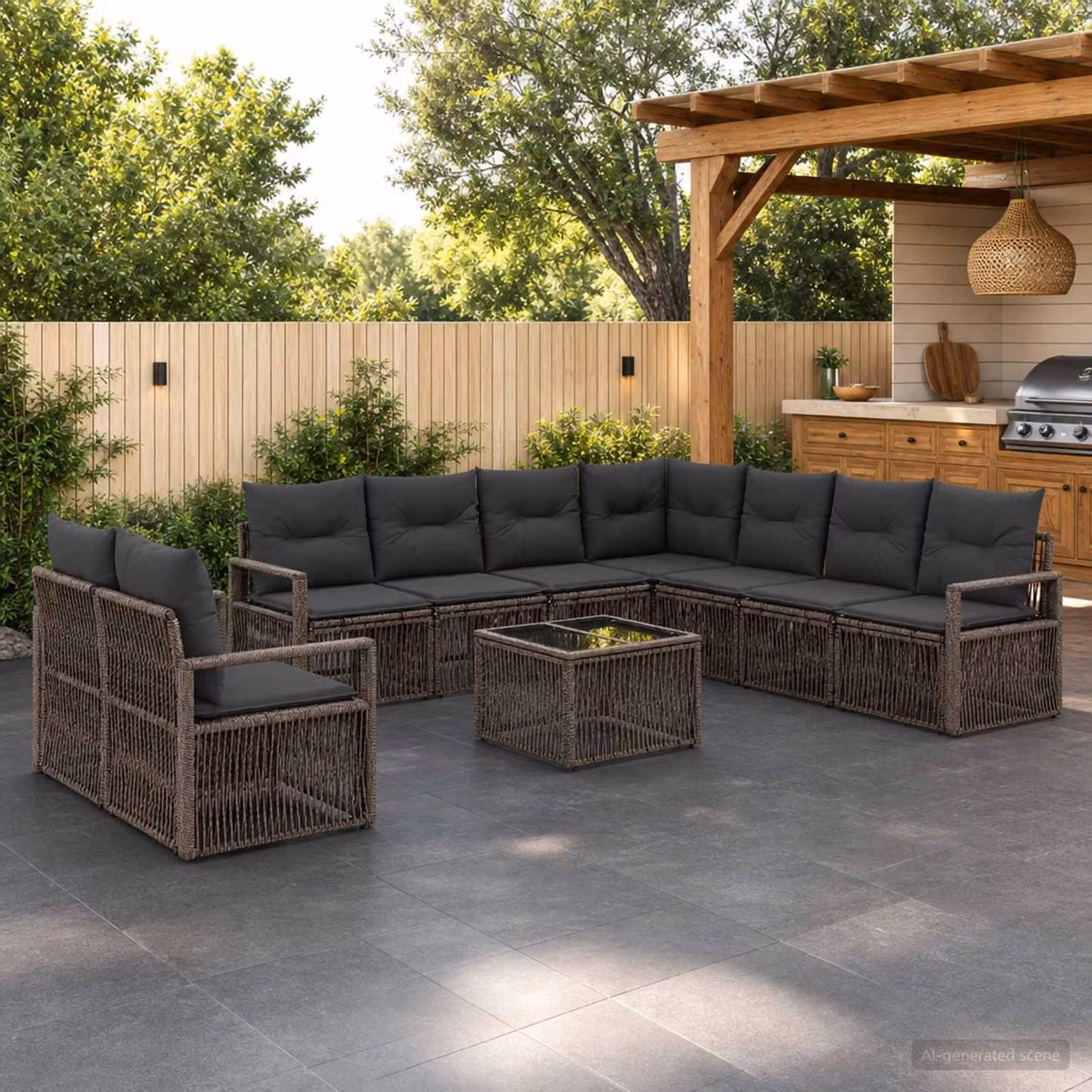 Set Divano da Giardino vidaXL 10 Pezzi a Forma di L Grigio con Tavolino e Cuscini Imbottiti in Polyrattan e Acciaio