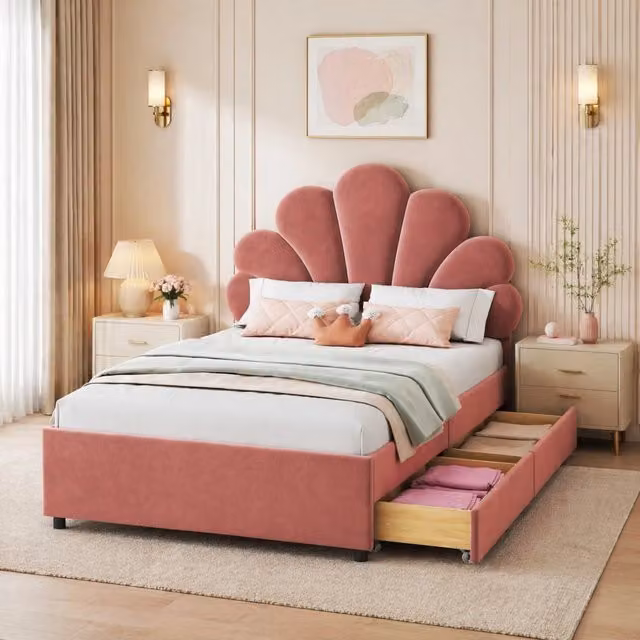 Letto singolo imbottito 90 × 200 cm con testiera a petali e 2 cassetti in velluto rosa con rete a doghe