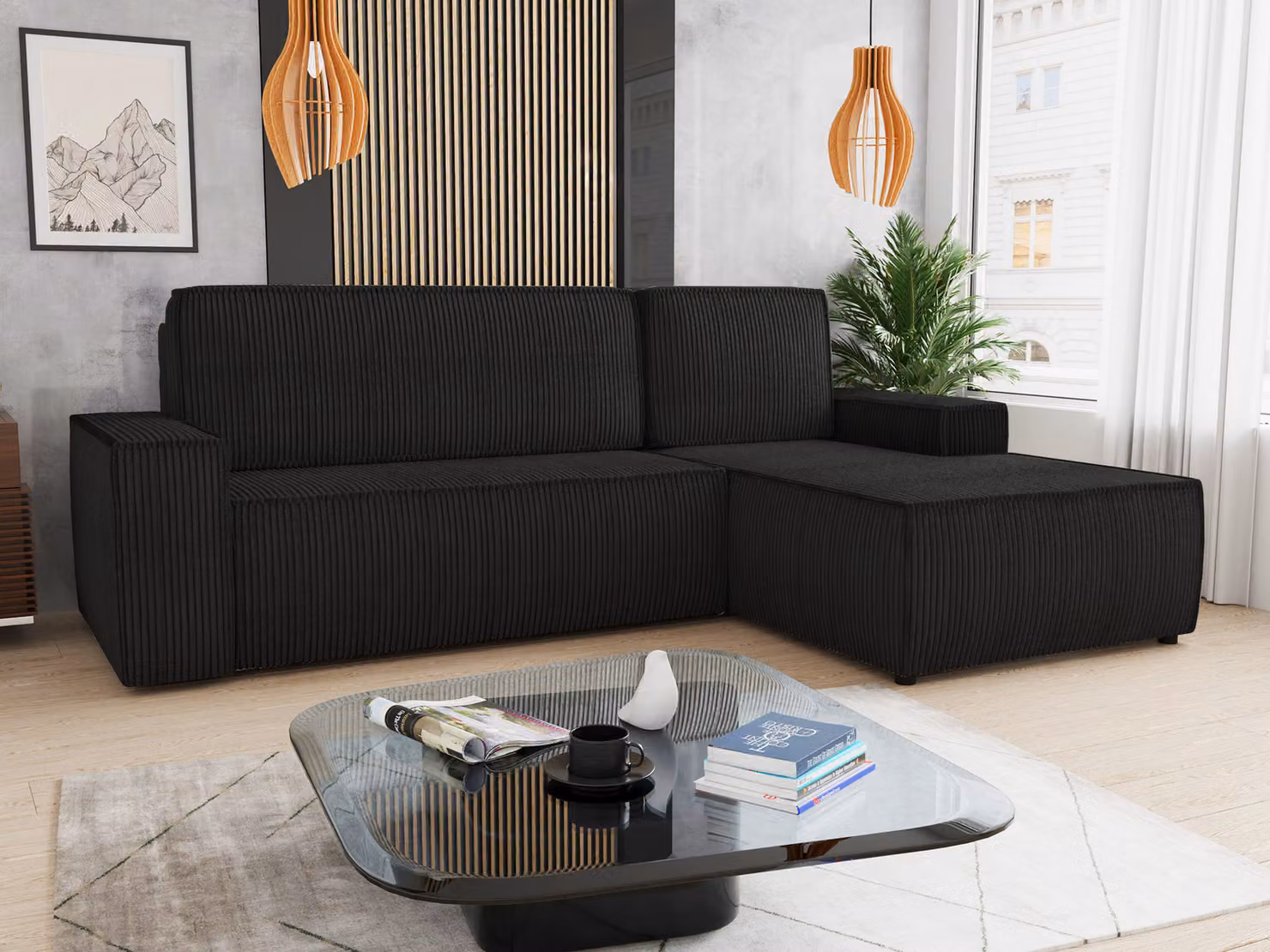 Divano angolare Totti L con funzione letto e contenitore - Tessuto in velluto a coste - Divano a L, divano imbottito, divano letto, set divani (nero (Poso 135) Lato: destro)