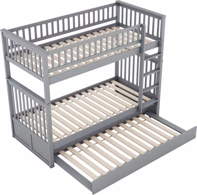 Letto a Castello 3 Posti con Letto Estraibile; Scala e Sponde; 90×200 cm e 90×190 cm; senza Materasso; Grigio