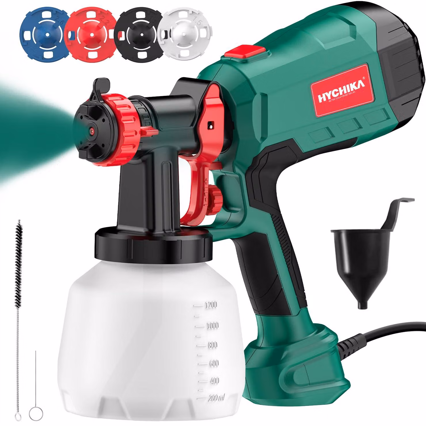 Sistema di verniciatura a spruzzo HYCHIKA da 600W, pistola a spruzzo HVLP da 1200 ml, con 3 modalità di spruzzo, 4 ugelli e 2 strumenti di pulizia, e controllo del flusso di vernice regolabile