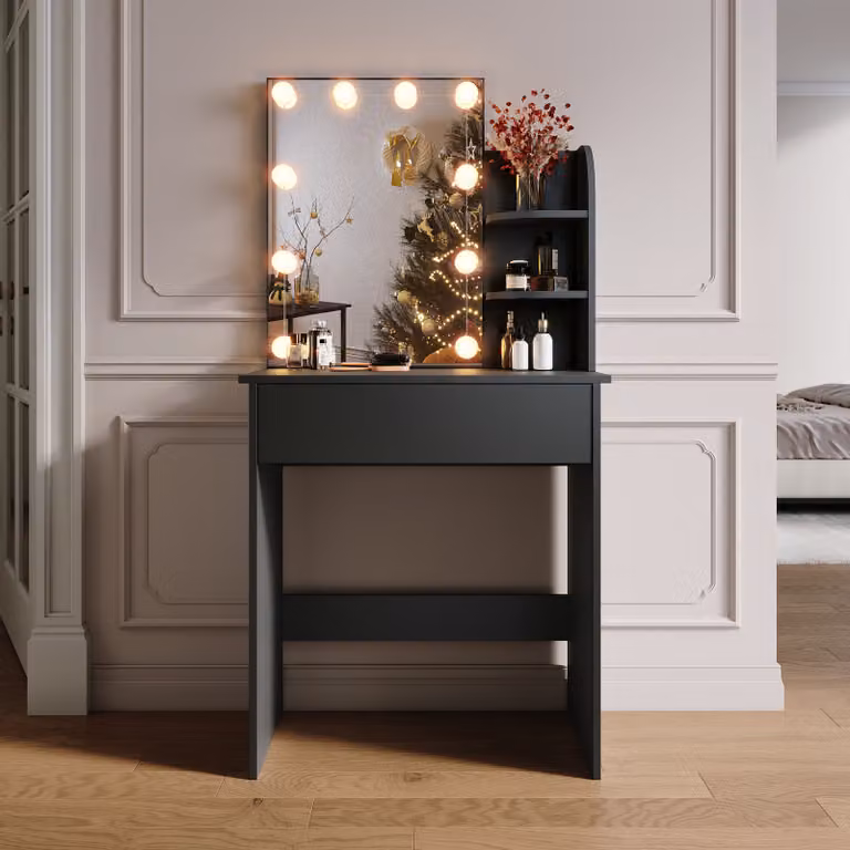 SONNI Cassettiera compatta nera con specchio a lampadina a tre colori, 70x40x140cm luminosità regolabile, cassettiere con cassettiera