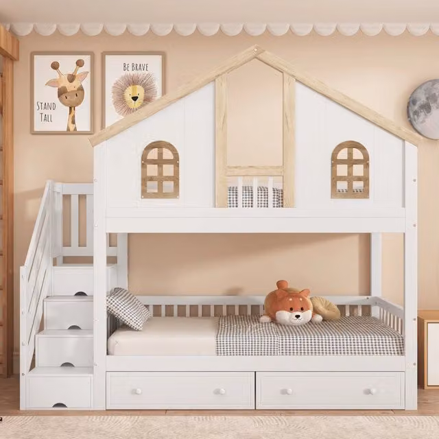 Letto a castello 90×200 cm con scala contenitore, cassetti e barriere, senza materasso, legno bianco naturale