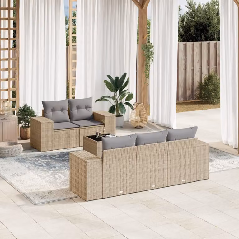 vidaXL Set Divano da Giardino 6 pz a Forma a L con Cuscini Beige e Tavolino in Metallo e Polyrattan