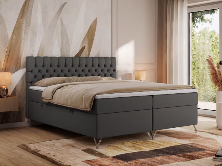 Letto boxspring MKS MEBLE 160x200, letto 160x200 con materasso H3, letto boxspring 160x200 con contenitore e topper, letto imbottito 160x200 con piedini - GRIMALDI - 160x200 - Ecopelle grigio scuro - H3
