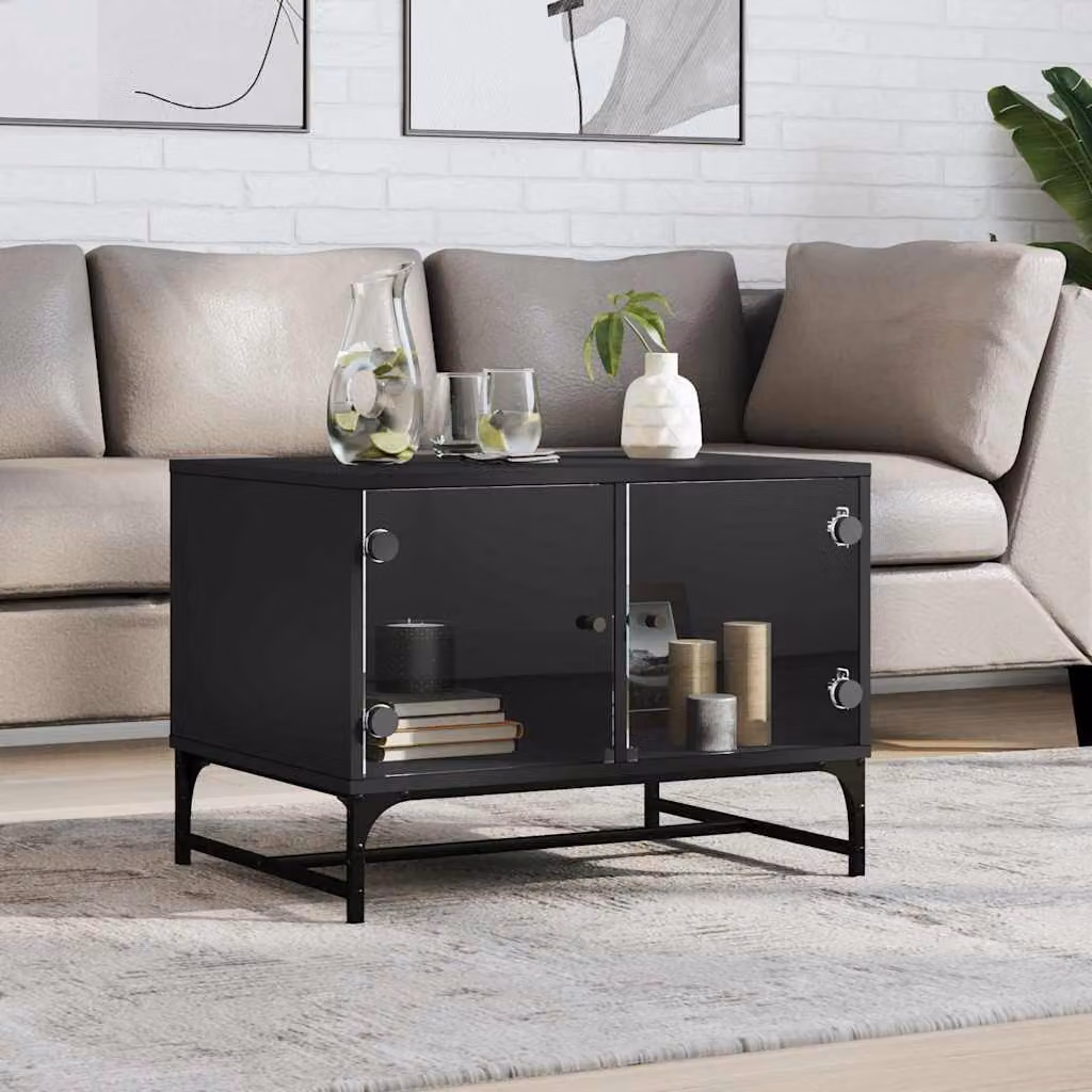 vidaXL Tavolino da Salotto Moderno con Ante in Vetro Nero L: 68,5 cm, P: 50 cm, H: 50 cm