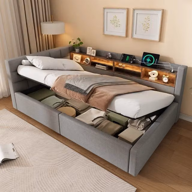 Letto da giorno singolo 90x200 con contenitore idraulico e LED dimmerabile; lino e MDF; beige