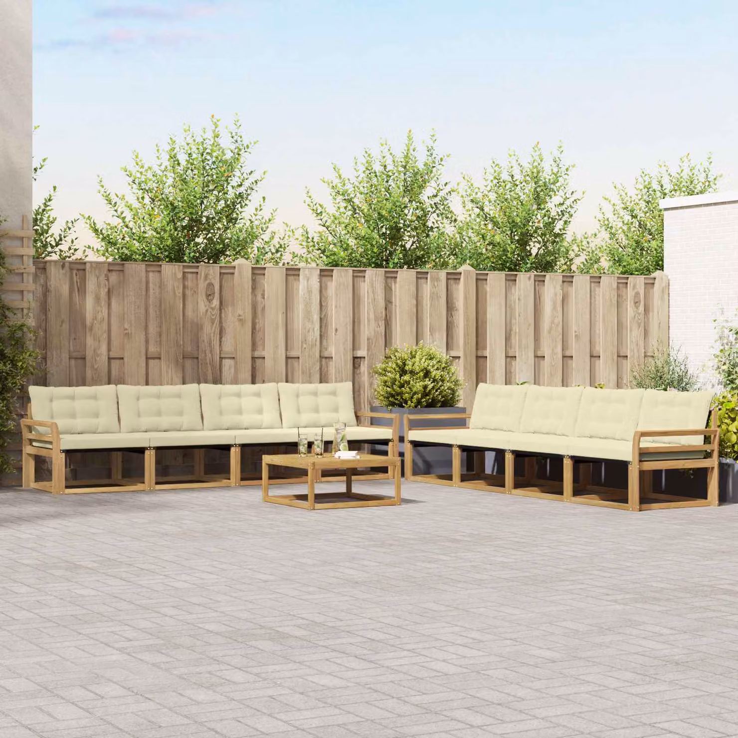 Set di divani da esterno vidaXL a forma di U composto da 9 pezzi con tavolo da caffè, realizzato in legno di acacia e tessuto textilene, colore bianco e beige