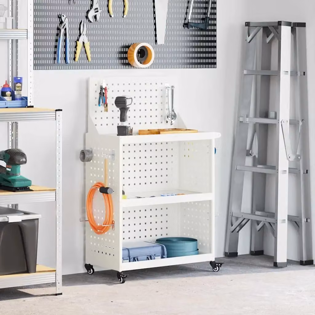 Carrello per attrezzi con scaffale in acciaio bianco con ruote e chiusura a chiave L: 65 cm, P: 35 cm, H: 111 cm – 2