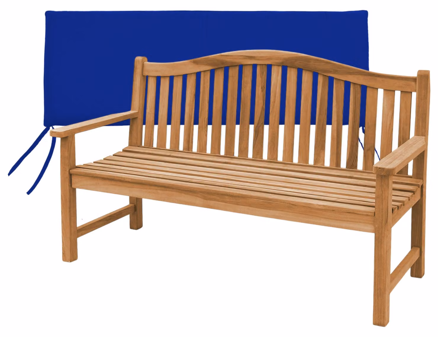 Panca in teak Catania, 150 cm, in legno massello, resistente agli agenti atmosferici, con cuscino per seduta blu